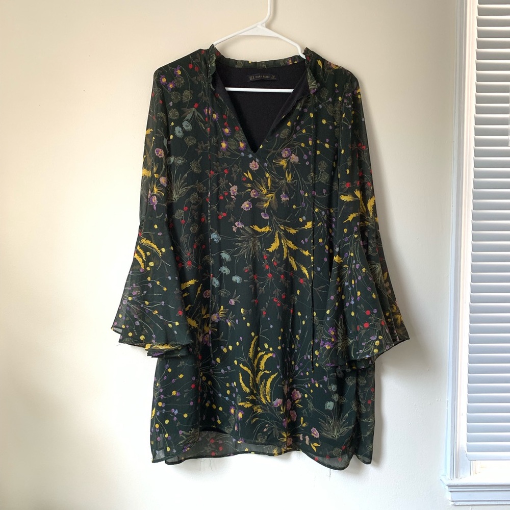 Zara Floral Shift Dress with Bell Sleeves
